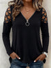 O-ring Zip V-neck Rhinestone Cutout Cold Shoulder Long Sleeve Top