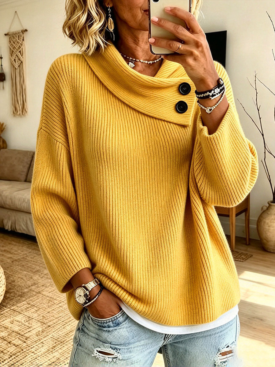 Chic Oversized Button-accented Cowl Neck Knit Sweater