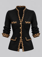 Chic Color-block Knit Cardigan With Leopard Print Panels