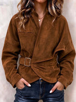 Faux Suede Asymmetrical Wrap Jacket with Buckle Belt