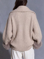 Beige Sequin-embellished Knit Coat With Faux Fur Cuffs