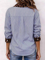 Women's Vertical Striped Button Down Shirt with Leopard Print Contrast