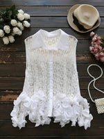 Lapel Button Front Hollow 3d Floral Sleeveless Lace Blouse