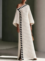 One-Shoulder Color-Block Crochet Knit Maxi Dress