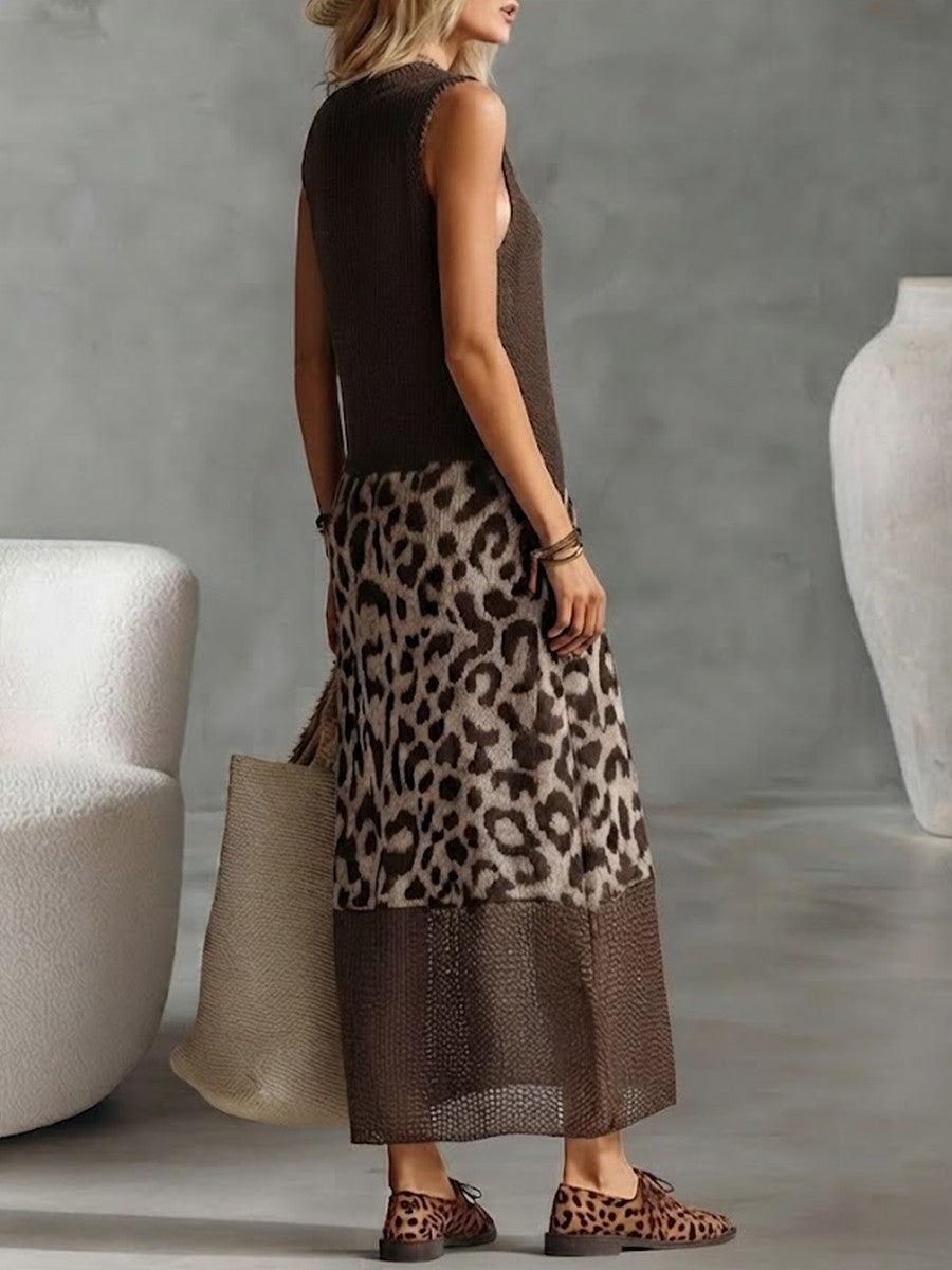 Color Block Leopard Splice Round Neck Sleeveless Hollow Knit Loose Midi Tank Dress