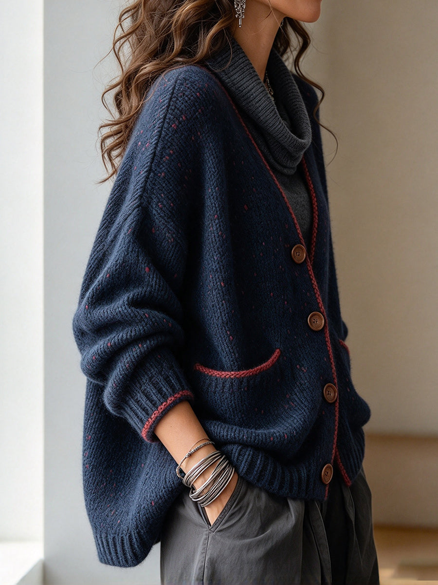 Vintage-style Navy Blue Cardigan With Red Polka Dots, Crafted In A Chunky Knit