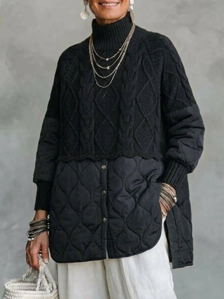 Mock-layer Jacket Featuring A High-neck Cable-knit Panel And Quilted Padded Sections