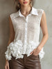 Lapel Button Front Hollow 3d Floral Sleeveless Lace Blouse