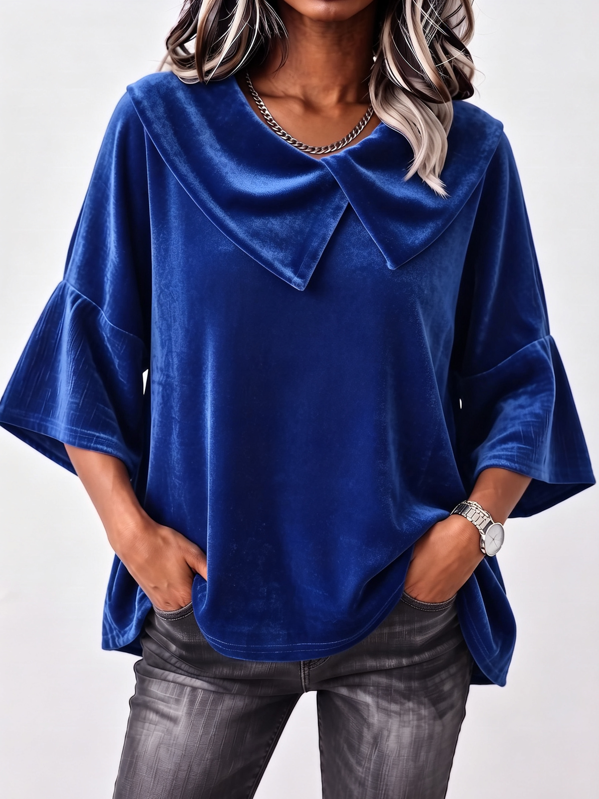 Elegant Peter Pan Collar Flared Sleeve Velvet Shirt