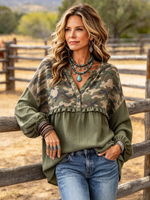 Casual Chic Camouflage Olive Green Top
