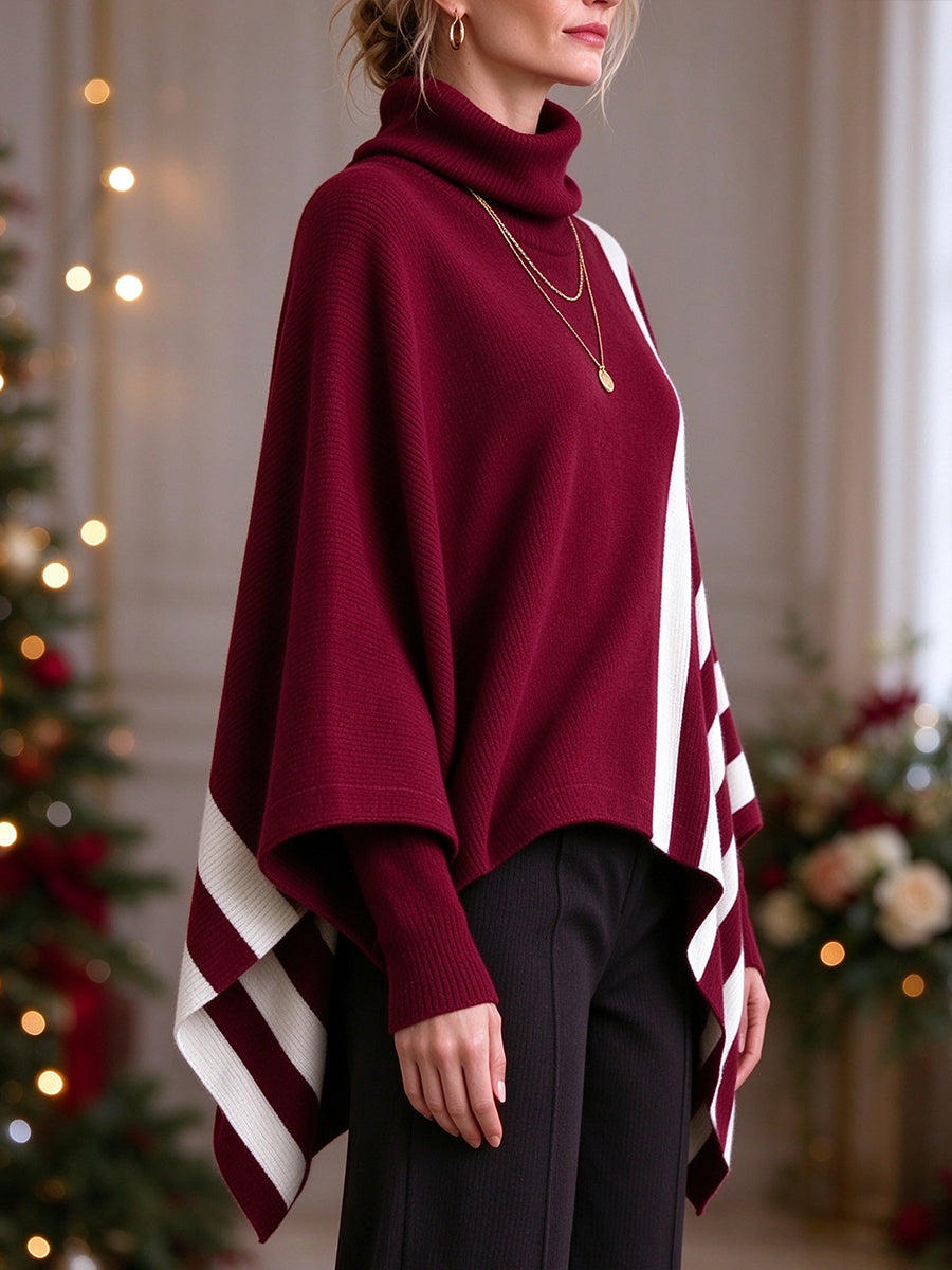 Christmas Burgundy Striped Turtleneck Knit Cape