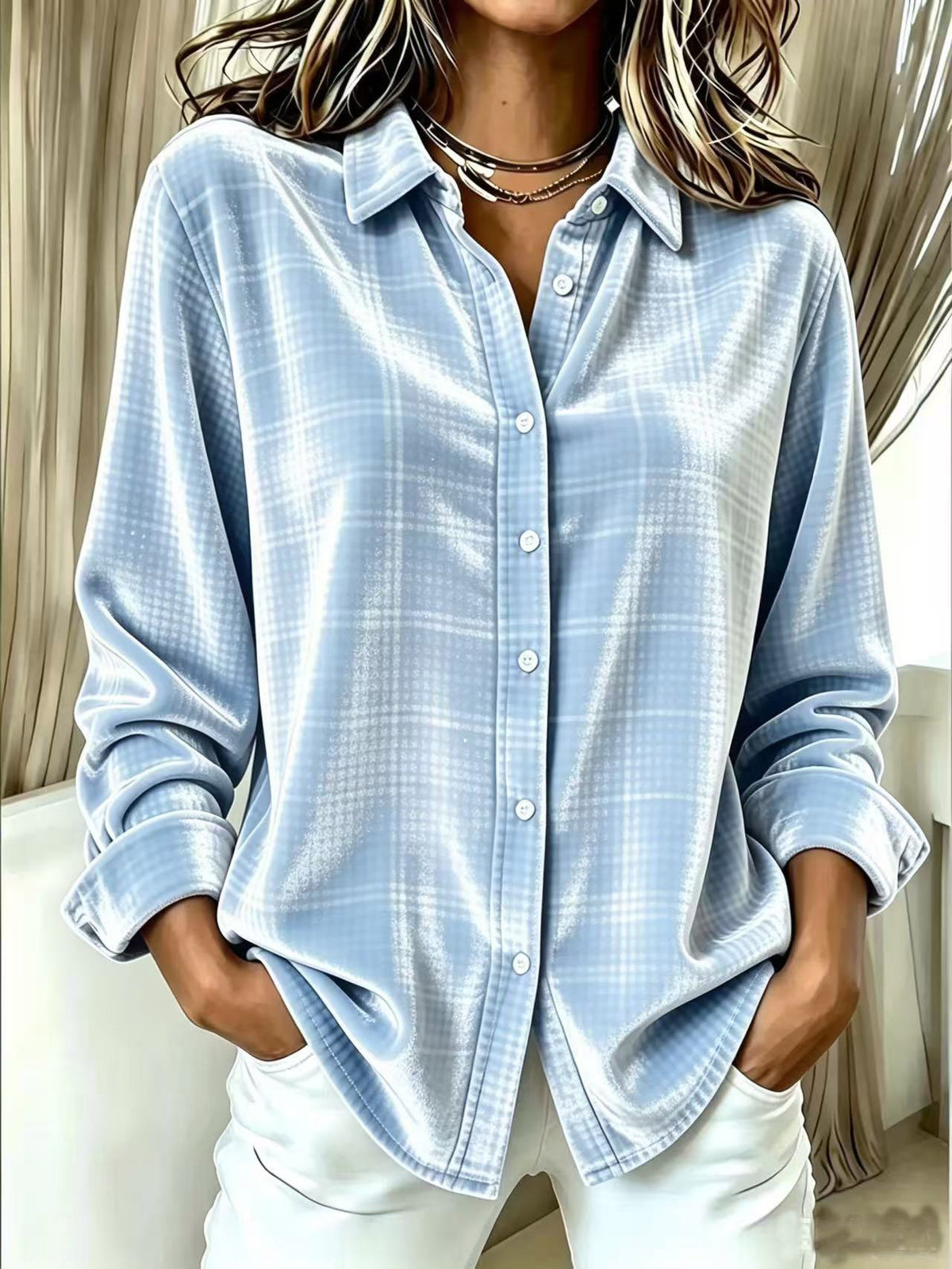 Chic Plaid Velvet Button-Down Shirt