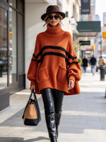 Cozy Chic Orange Turtleneck Striped Oversized Top