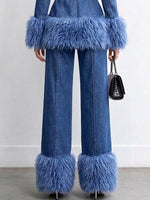 Women's Wide Leg Denim Pants With Faux Fur Hem