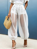 Loose, Semi-sheer, Solid-color Mesh-paneled Lantern Pants