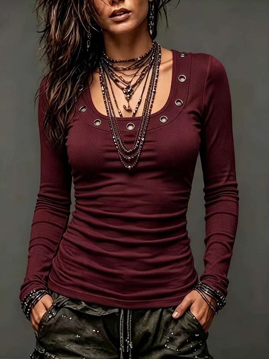 Women's Long Sleeve Ruched Top With Eyelet Neckline