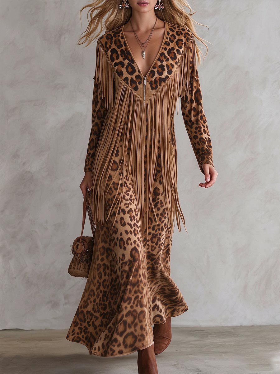 Women's Leopard Print Long Sleeve Fringe Maxi Dress