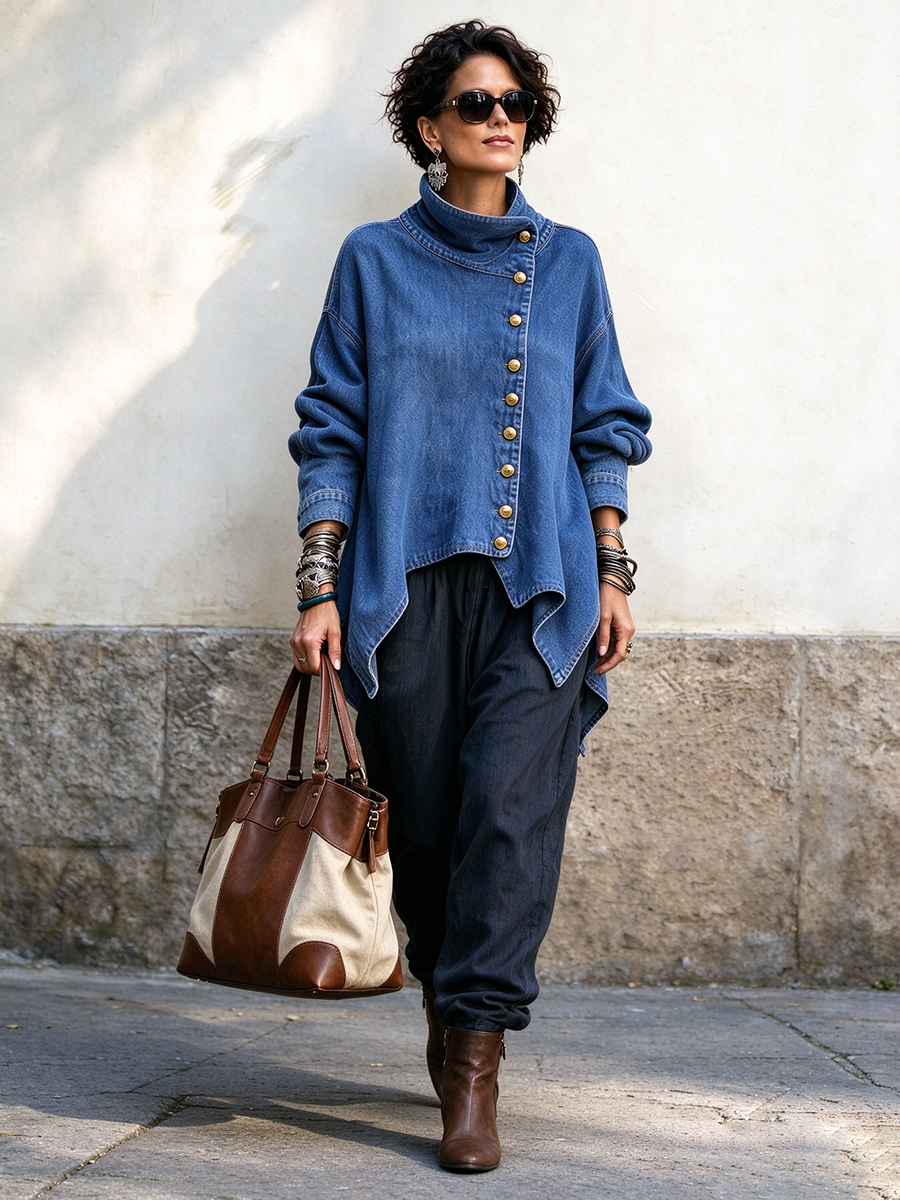 Casual Denim Asymmetrical Button-up Jacket