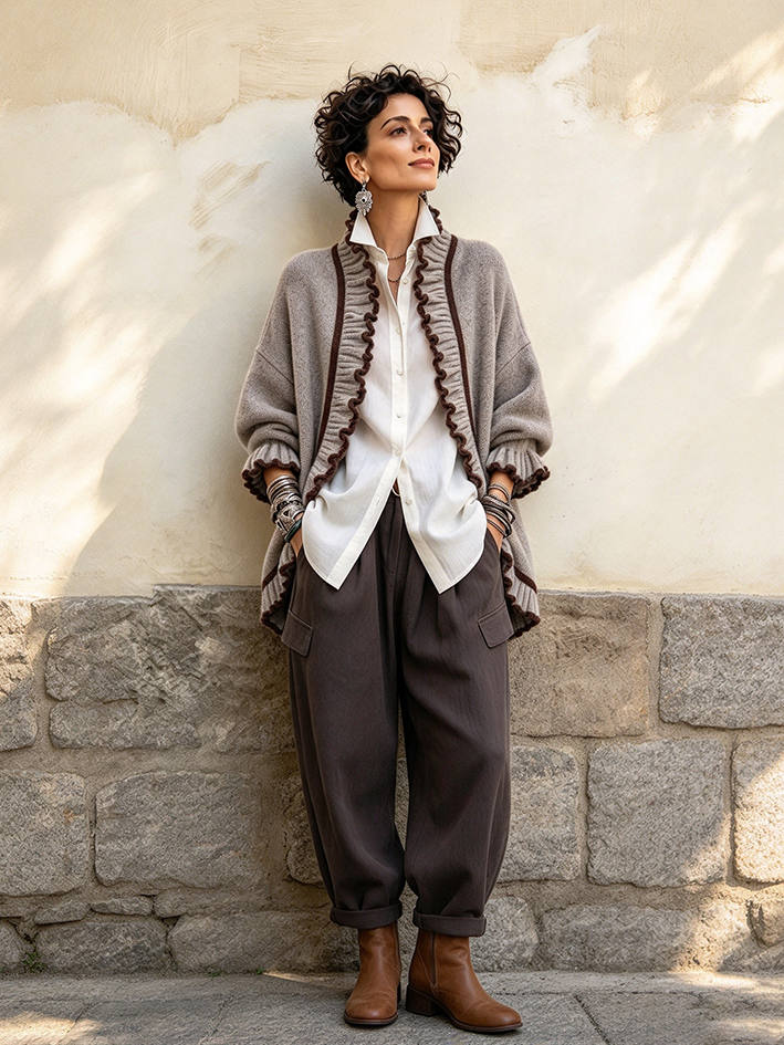 Chic Ruffled Casual Grey Knit Cardigan Sweater