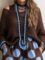 Casual Relaxed Brown Open-knit Mesh Sweater Top