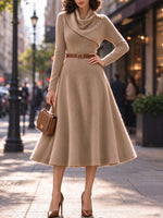 Women's Elegant Beige A-line Knit Midi Dress