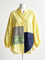 Artistic Patchwork Print Striped Linen Tunic Blouse