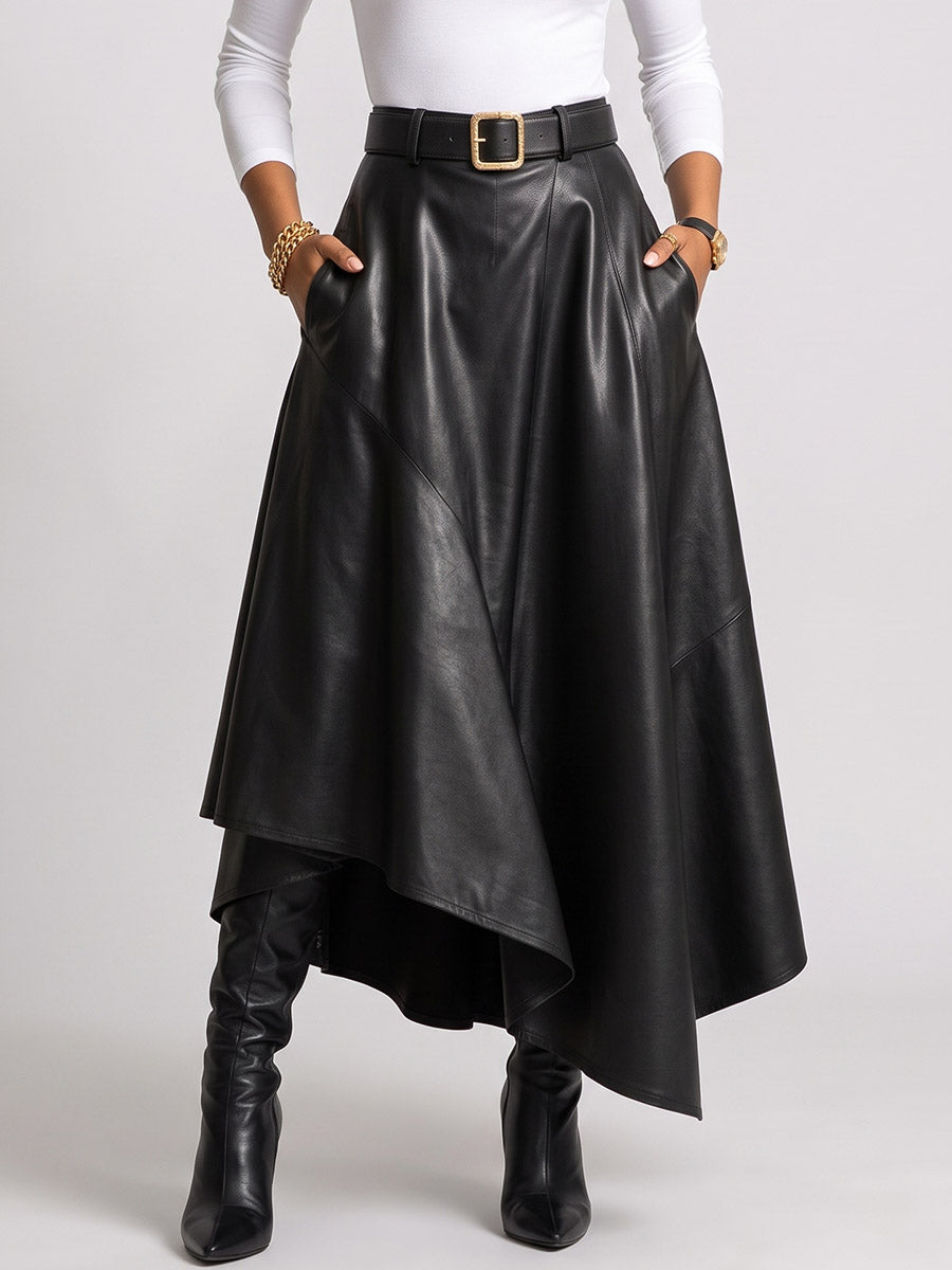 Women's Solid-color High-waisted Casual Loose Irregular A-line Pu Leather Skirt