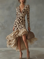 Curated Designer –Fashionable Color-blocked Knit Wrap Dress Featuring A Solid-color Chiffon Hem And Leopard Print.