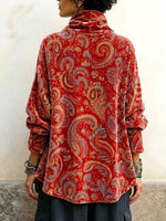 Women's Vintage Paisley Print High-neck Long-sleeve Loose-fit Velvet Top