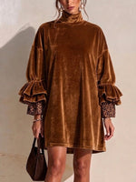 Loose-fit Velvet Dress Featuring A High Neck, Double-layer Ruffled Cuffs, And Leopard-print Paneling