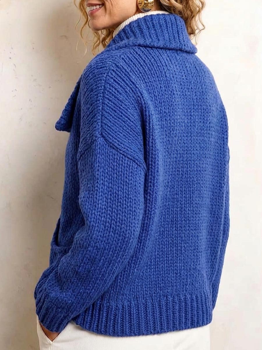 Women's Solid Color Collared Long-sleeve Casual Loose Knit Cardigan