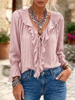 Casual Ruffle-collar Tie-neck Shirt In Textured Pleated Fabric