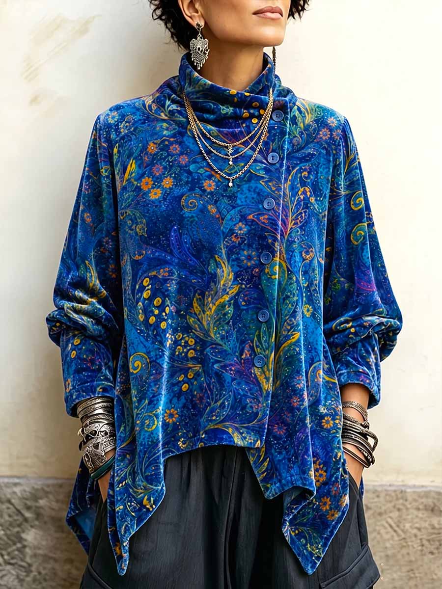 Women's Abstract Print High-neck Long-sleeve Loose-fit Velour Top