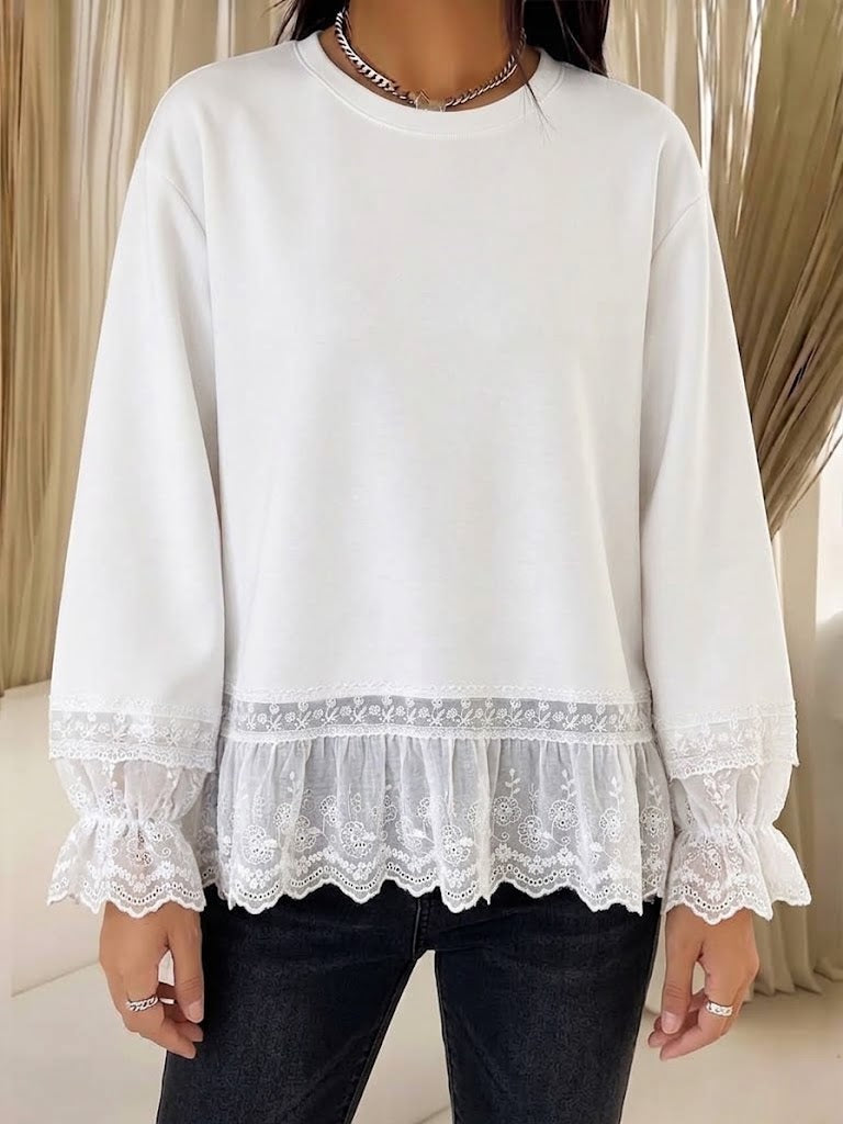 Casual Loose Sweatshirt With Lace Paneling