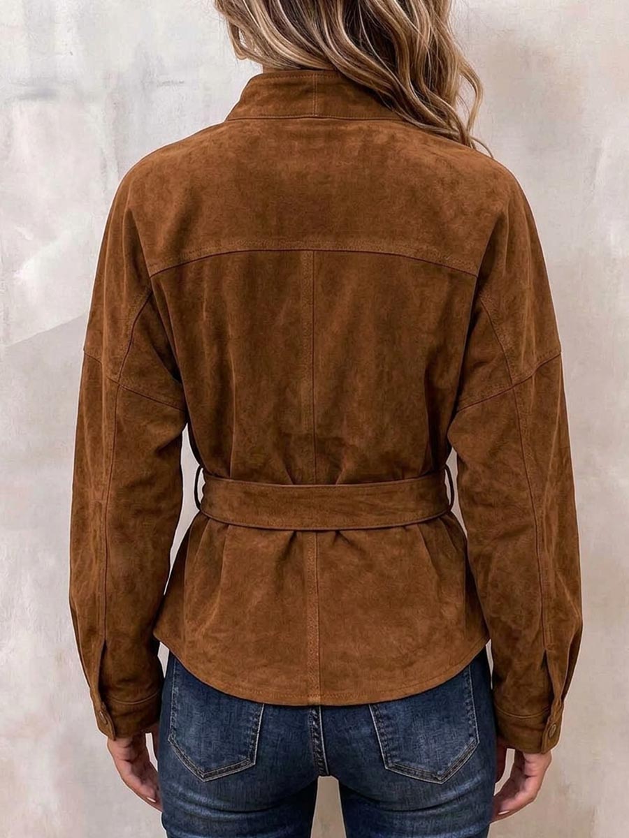Faux Suede Asymmetrical Wrap Jacket with Buckle Belt