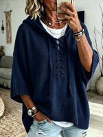 Women's Solid Color V-neck Long-sleeve Casual Loose Hooded Knit Pullover