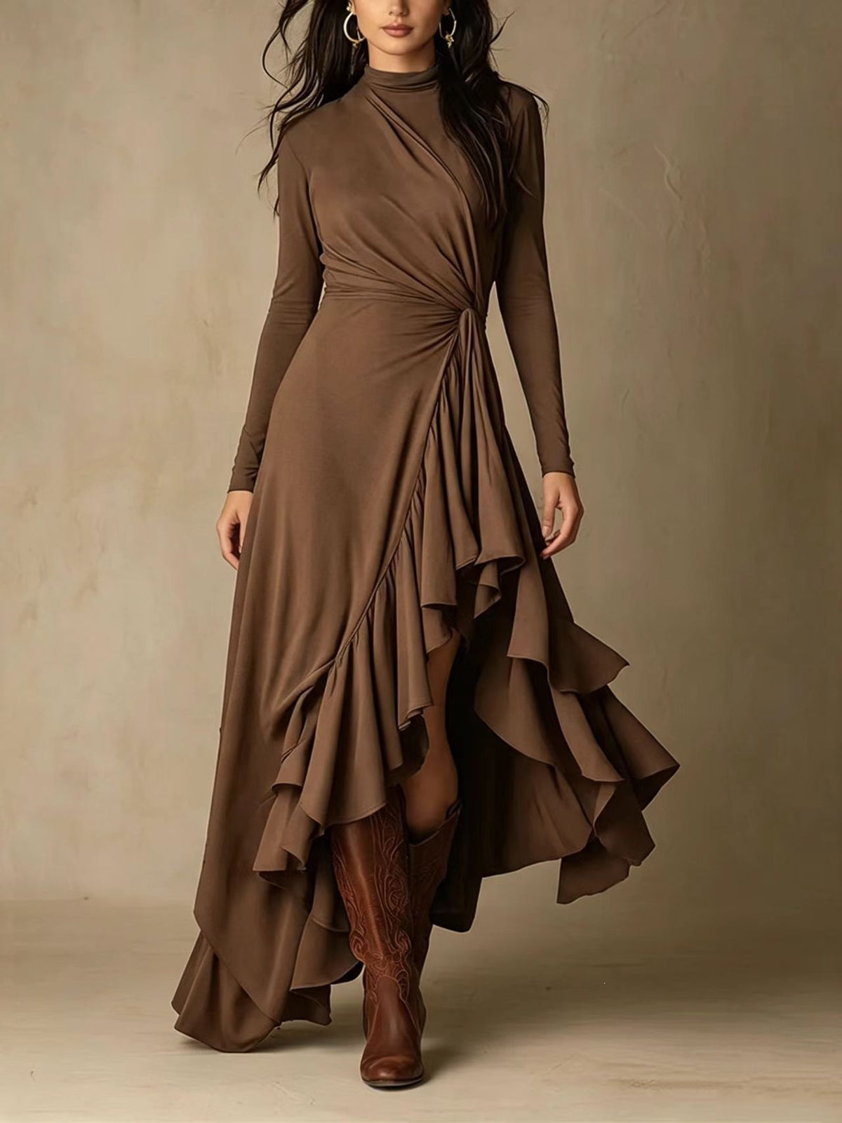 Chic Asymmetric Knitted Midi Dress With A Twisted, Waist-defining Detail