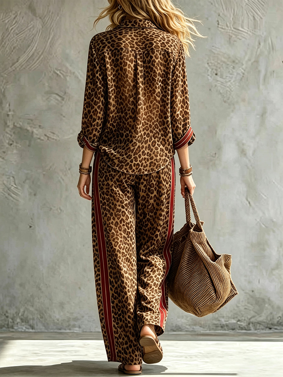 Fierce Leopard Print Button-Down Shirt & Flowing Wide-Leg Pants