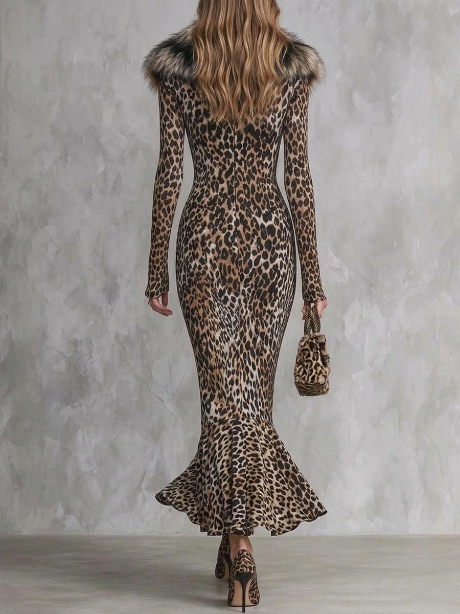 Leopard Print Long Sleeve Maxi Dress With Faux Fur Collar