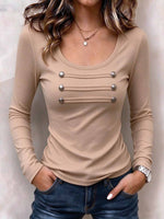 Women's Ribbed Long Sleeve Scoop Neck Top With Button Details
