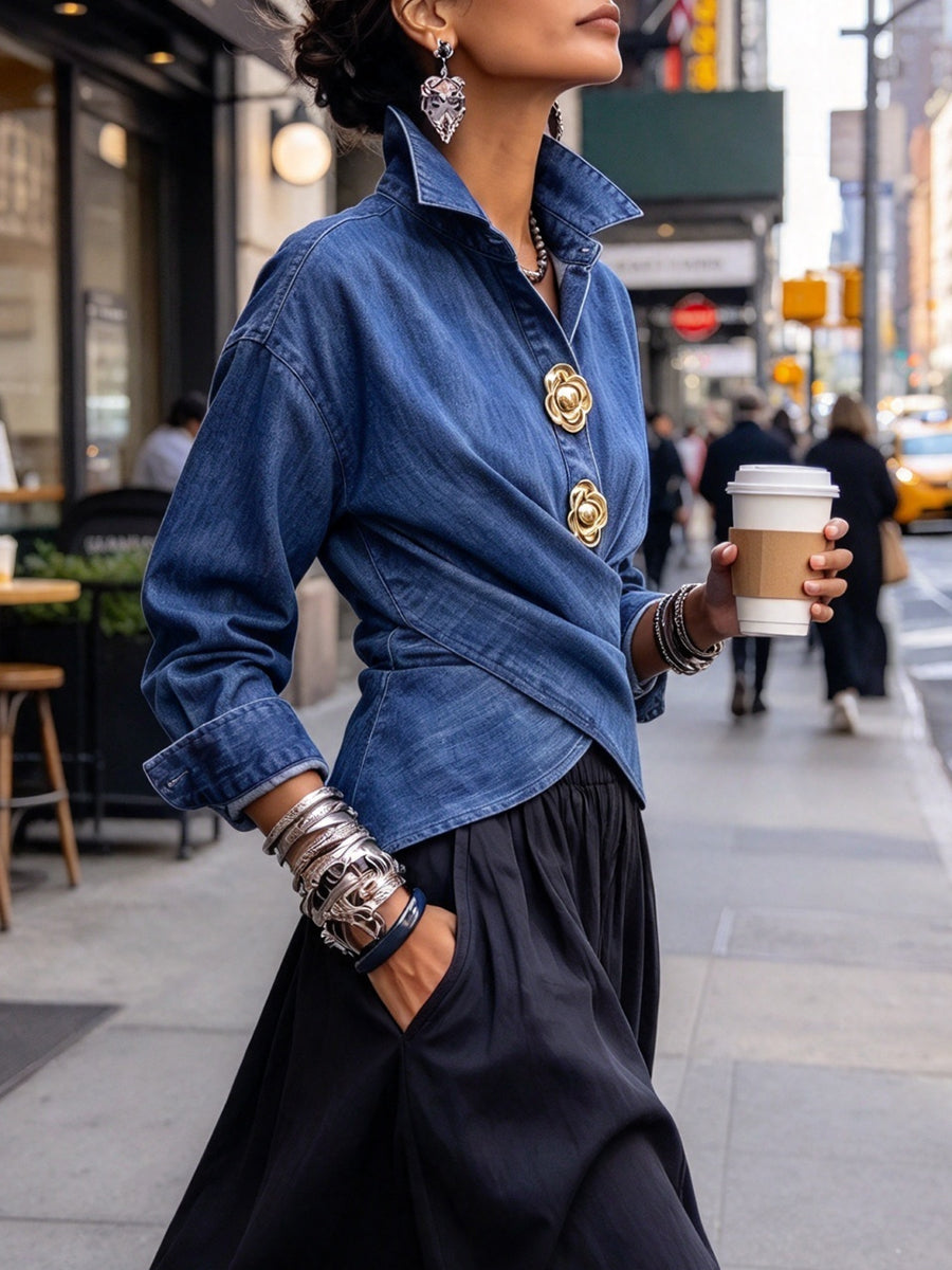 Chic Wrap-Front Denim Shirt with Gold Floral Buttons