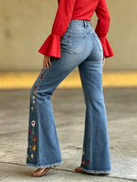 Boho Floral Embroidered Stretch Flare Jeans