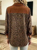 Women's Long-sleeve Corduroy Shirt With Leopard Print Panels, Lapel Collar, And Loose Casual Fit