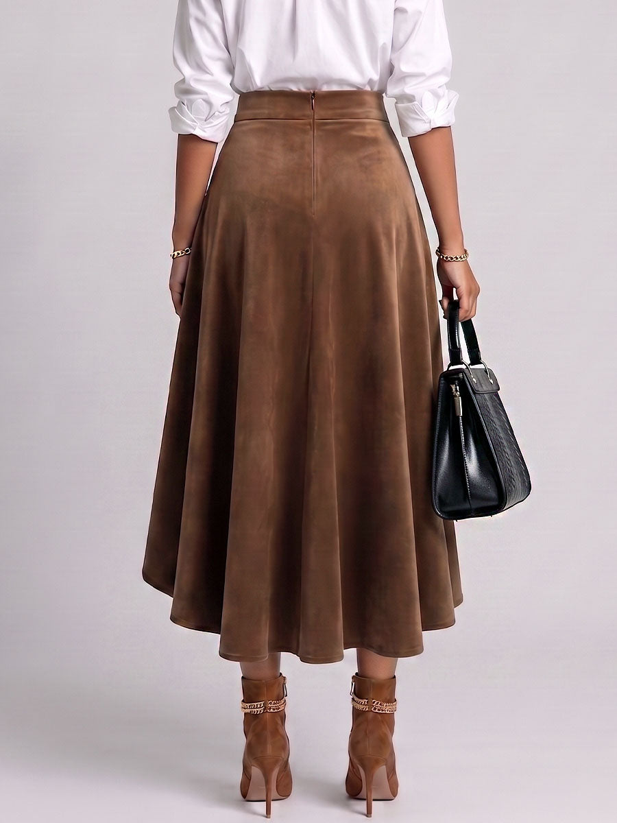 Women's High-waisted Casual Loose-fitting Faux Suede And Lace A-line Skirt
