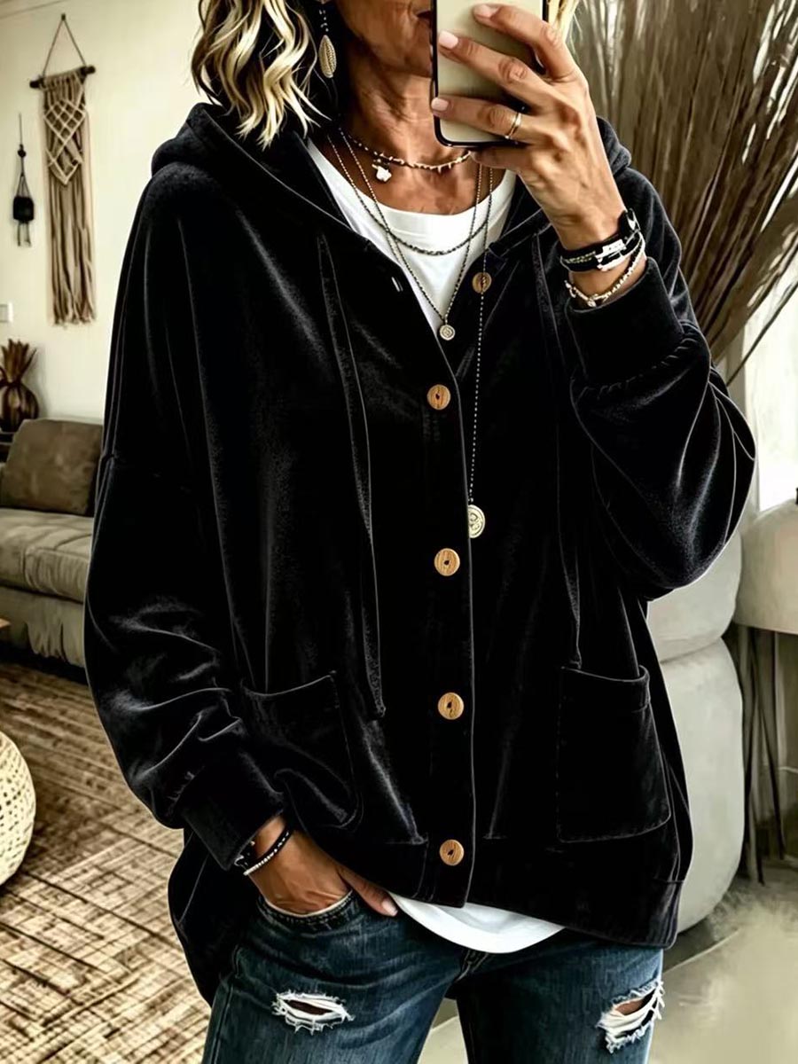 Women's Solid Color V-neck Long-sleeve Casual Loose Hooded Velour Cardigan