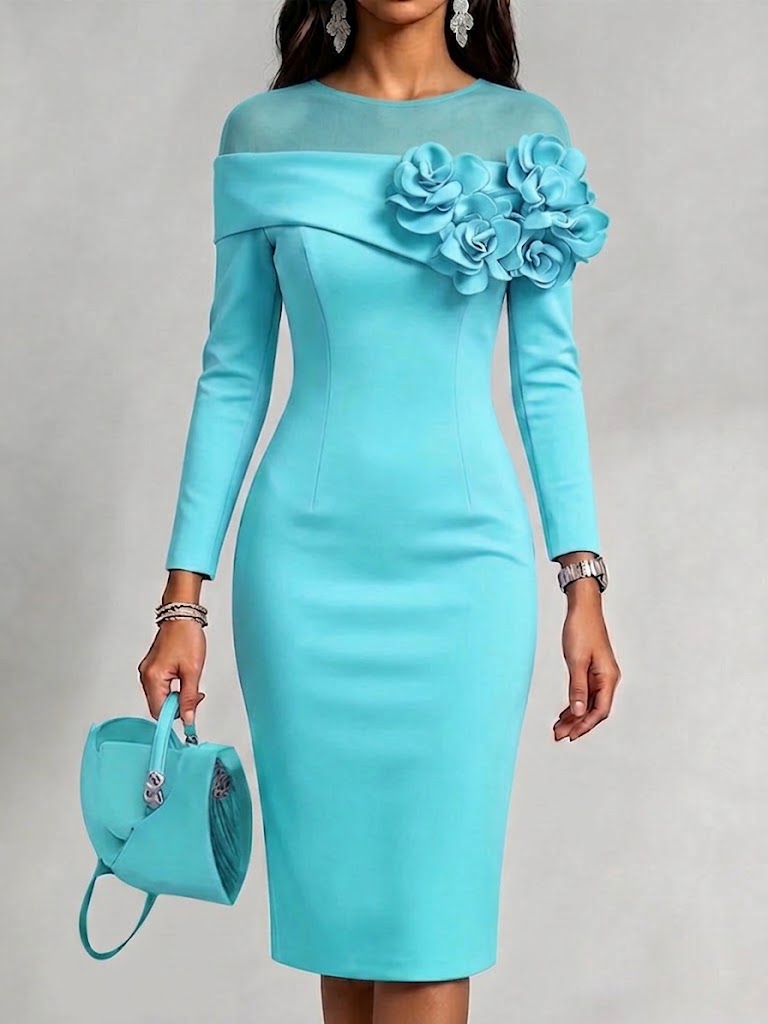 Curated Designer –Solid-color, Slim-fit Dress With A Round Neck And 3d Floral Embellishment On The Side