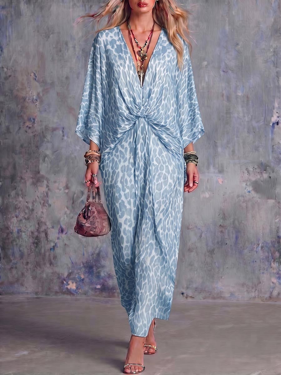 Women's V-neck Long-sleeved Casual Loose Printed Dress