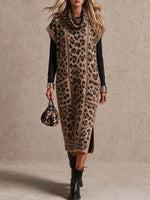 Sleeveless Leopard Print Cowl Neck Midi Sweater Dress