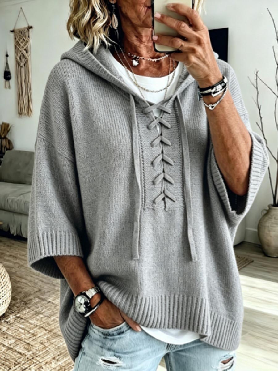 Women's Solid Color V-neck Long-sleeve Casual Loose Hooded Knit Pullover