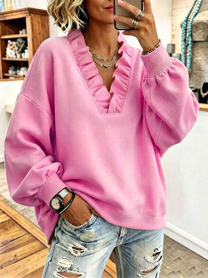 Cozy Oversized Vibrant Pink Ruffled Sweatshirt